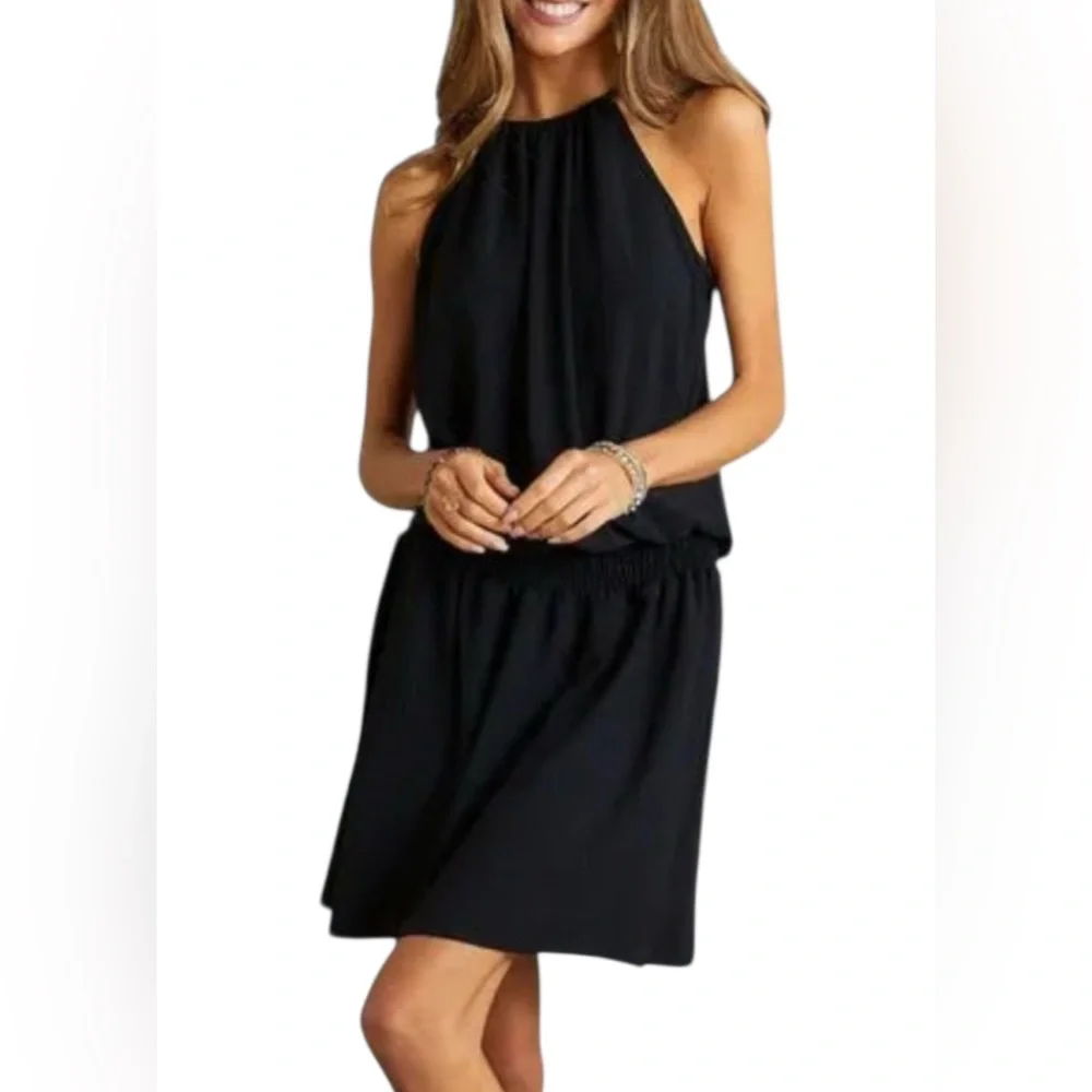 sweet storm black dress Halter Neck Smocking Waist Mini Dress. Black, Size Small Size:5X (30-32) Finished in a classic illusion open back The Frozen Ice Queen